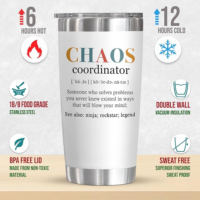 TEEZWONDER Christmas Thank You Gifts for Women - Chaos Coordinator 20 oz Stainless Steel Insulated Tumbler with Lid - Employee Appreciation Birthday Gifts for Women Coworkers Boss Teacher Nurse Friend