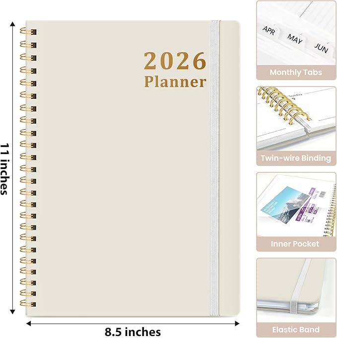 2026 Planner, Weekly and Monthly Calendar Planner, January 2026 - December 2026, Hardcover 2026 Calendar Planner Book with Tabs For Women & Men, Inner Pocket, Spiral Bound, Perfect for Office Home School Supplies - A4 (8.5" x 11"), Beige