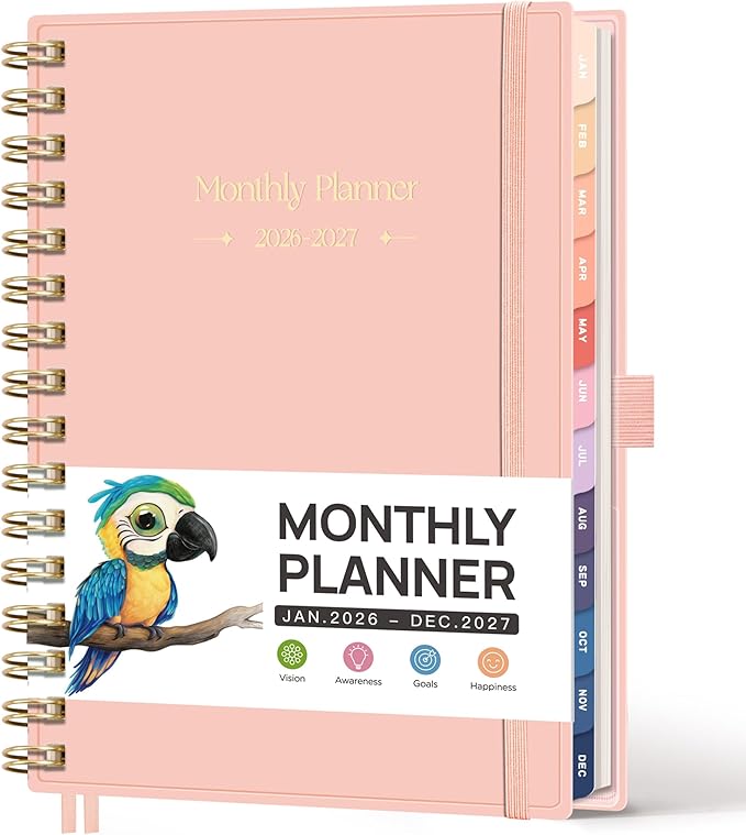 RETTACY 2026-2027 Monthly Planner, Jan 2026 - Dec 2027, Medium Size (5.7" x 8.3"), Agenda, Calendar, 24 Month Tabs, Flexible Plastic Cover, 100 GSM Thick Paper, Spiral-bound (Pink)