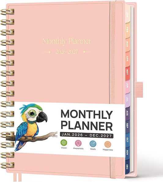 RETTACY 2026-2027 Monthly Planner, Jan 2026 - Dec 2027, Medium Size (5.7" x 8.3"), Agenda, Calendar, 24 Month Tabs, Flexible Plastic Cover, 100 GSM Thick Paper, Spiral-bound (Pink)