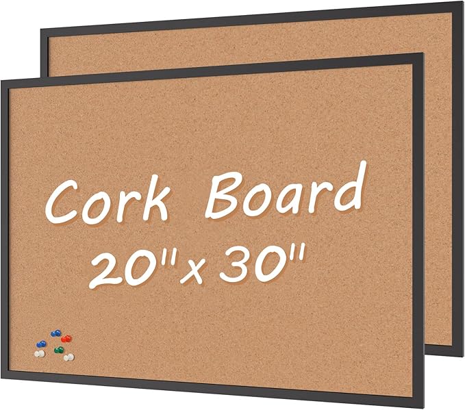 Board2by 2-Pack Cork Board Bulletin Board 20“ x 30”, Black Wood Framed Corkboard, Office Board for Wall Cork, Large Wall Mounted Notice Pin Board with 32 Push Pins for School, Home & Office
