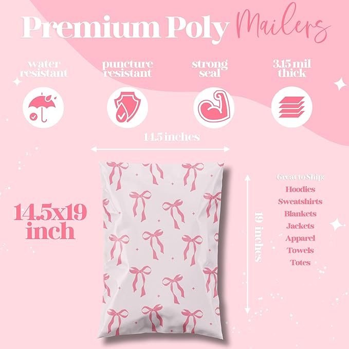 14.5x19 Designer Poly Mailer 100 Pack Heavy Duty Waterproof Self Seal Shipping Bags for Small Business Large Mailing Envelopes Bulk Tear Resistant Packaging Pink Bows Coquette