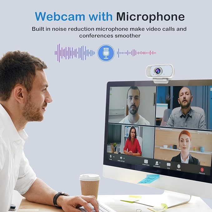 1080p White Webcam with Microphone, USB Web Camera 110-Degree View Angle Computer Camera,Webcam Tripod/Privacy Cover/USB C Adapter Include,Plug and Play Web Cam for Video Conferencing Streaming