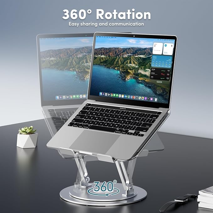 Lifelong Adjustable Laptop Stand with 360° Rotating Base, Ergonomic Computer Stand for Desk, Foldable & Portable Laptop Riser Holder Fits All MacBook, Laptops 10-16 Inches, Silver