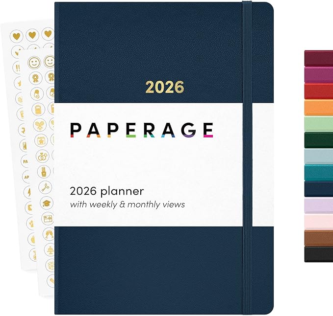 PAPERAGE 2026 Weekly & Monthly Planner, 12 Months (January 2026 - December 2026), 5.6 in x 8 in, Hardcover 2026 Planner with Weekly & Monthly Spreads, Note Pages, Stickers & Back Pocket – Navy