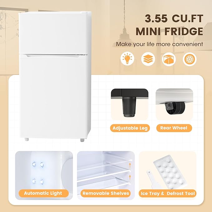 3.55 Cu.Ft Mini Fridge with Freezer, Small Fridge with 2 Doors for Office, Kitchen, Dorm and Bedroom, Mini Refrigerator with Adjustable Shelves (White)