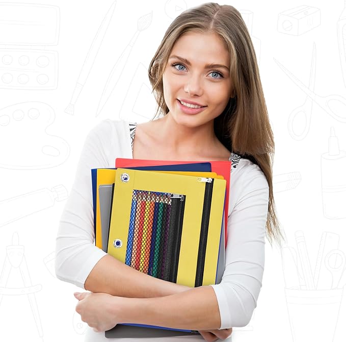 Pencil Pouch for 3 Ring Binder - 3 Hole Zipper Pen Case Bag Holder Bulk Accessories Clear Window Aesthetic Organizer Pockets (Yellow, 1)