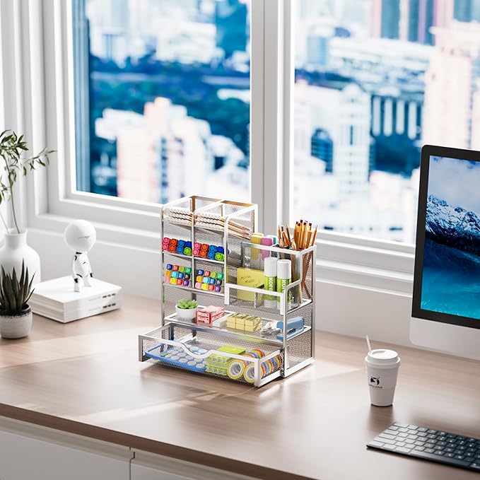 Marbrasse Mesh Pen Holder for Desk, Pen Organizer with Drawer, Multi-Functional Pencil Organizer, Desk Organizers and Accessories for Office Art Supplies (Silver)
