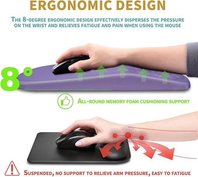 Hokafenle Ergonomic Mouse Pad Wrist Support with Massage Design, Wrist Rest Pain Relief Mousepad with Memory Foam&Non-Slip PU Base, Mouse Pads for Wireless Mouse & Desk (12x8 inch,Lavender)