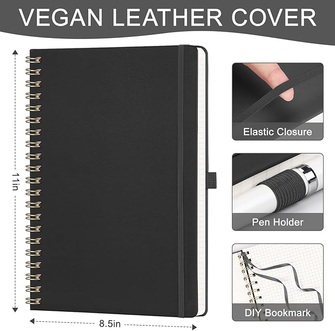 AHGXG Graph Paper Notebook - Spiral Notebook 8.5" x 11", A4 Large Hardcover Leather Journal Grid Notebook, 100 gsm Thick Graph Paper,Journals for School Writing Graphing Engineering Math, Black