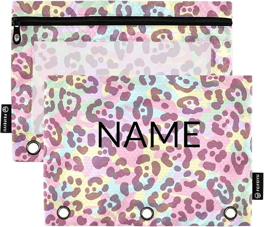 ZAZYXTJ Personalized Leopard Print Binder Pencil Pouchs 3 Ring with Zipper Clear Window Office Organizers bag for School Students Teacher Supplies 2 Pack