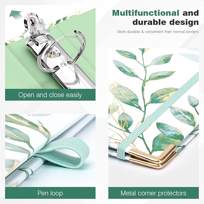 Ospelelf Binder 3 Ring 1 Inch, Green Floral Round Ring Clipboard Binder for Letter Size Paper with 5 Tab Dividers, for School and Office Supplies