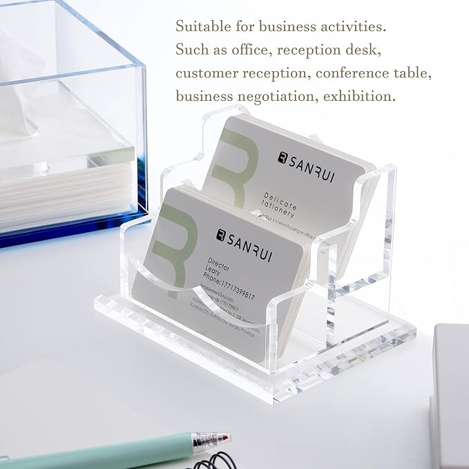 YUXUN Clear Acrylic 2-Tier Business Card Holder – 2-Slot Desk Organizer for Office, Reception, Trade Shows (Ideal for Men & Women)