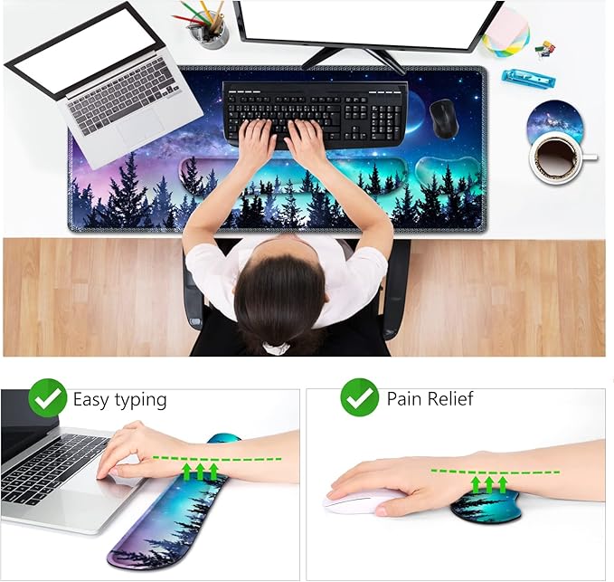 AIMSA Large Gaming Mouse Pad Set, Keyboard Wrist Rest Support + Extended Mouse Pad + Mouse Wrist Cushion + Coaster, Ergonomic Memory Foam Multifunctional Desk Mat 35x15.7inch (Forest Moon Sky)