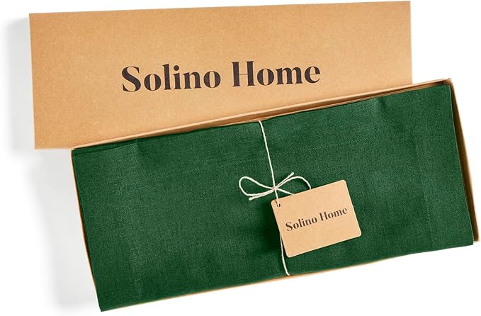 Solino Home Linen Pine Green Table Runner 120 Inches Long - 100% Pure Linen 14 x 120 Inch Table Runner for Fall, Autumn, Thanksgiving, Christmas - Fete