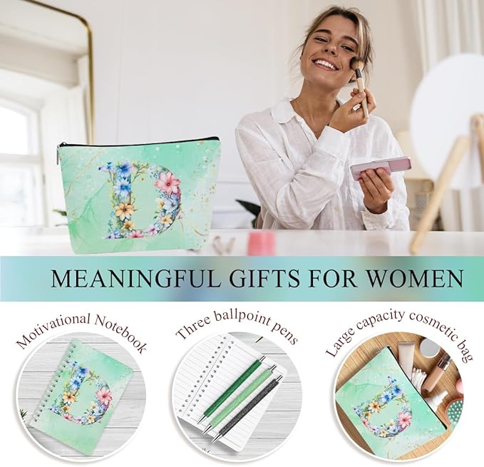 Personalized Gifts Monogrammed Birthday Gifts for Women, Boss Teacher Appreciation Christmas Initial 20 oz Tumbler, Makeup Bag Cup Ballpoint Pens Journal Notebook 6 Set, (Aesthetic Green Flower D)