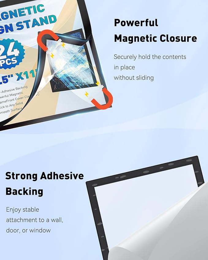 Uniclife 24 Pack Magnetic Sign Holder 8.5" x 11" Self-Adhesive Magnetic Picture Frame Wall Mounted Display Frame for Home Office Store Poster Document Holder for Wall Door Glass Window Refrigerator