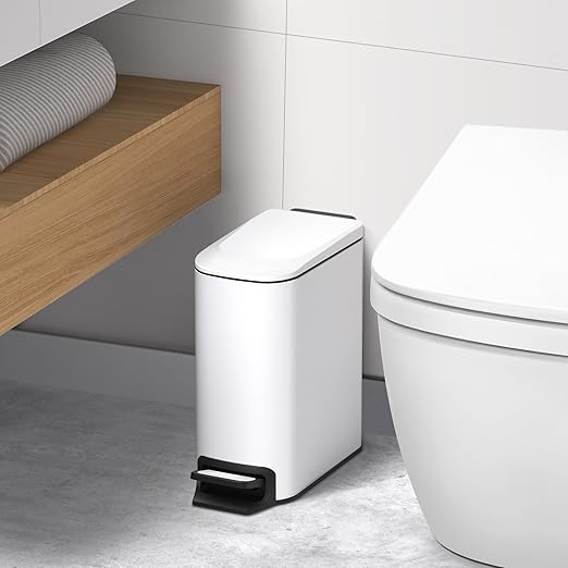 TIPGO Slim Bathroom Trash Can with Lid Soft Close, Step Pedal, 6 Liter / 1.6 Gallon Stainless Steel Trash Bin, Small Garbage Cans for Bedroom, Office, Kitchen (White)