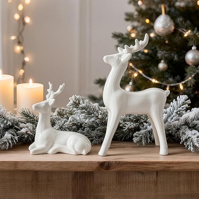 WDS WONDROUS Christmas Decoration Indoor Reindeer Figurines, Set of 2 White Christmas Reindeer Statues Decor, Ceramic Deer Sculptures Xmas Decorations for Table Top Winter Mantel Home Decor