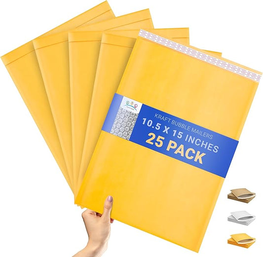 ABC PACK & SUPPLY Gold Kraft Bubble Mailer Envelopes, 10.5 x 15 Inches. 25 Pack Mail Padded Envelopes Self Seal. Kraft Bubble Mailers. Tear-Resistant Mailing Envelope Padded. Sturdy Paper Mailer