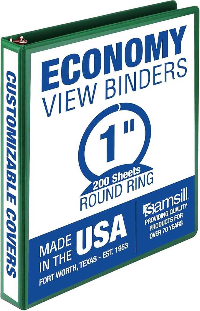 Samsill 1 Inch 3 Ring Binder, Made in USA, Economy Round Ring, Clear View Cover, 200 Sheet Capacity - for School, Home, Office - Forest Green