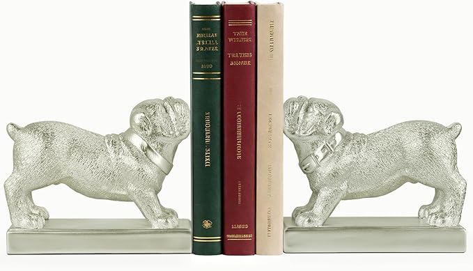 Decorative Bookends for Shelves, Dog Book Ends for Heavy Books, Bulldog Statues Bookends for Heavy Books with Anti-Slip Base Book Holders for Home Office Decor (Silver)