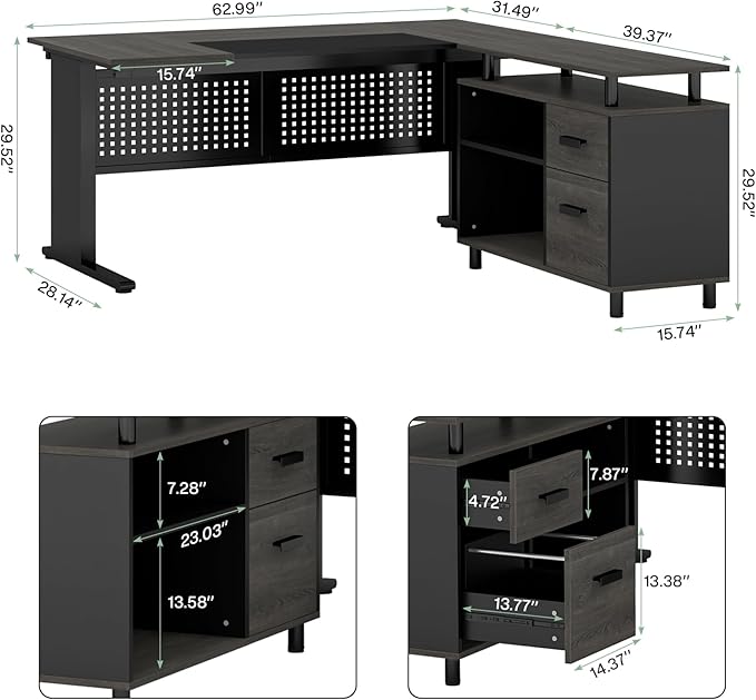 Tribesigns 63 Inch Executive Desk with File Cabinet, Large Office Desk L Shaped Computer Desk with Drawers and Storage Shelves, Business Furniture Desk Workstation for Home Office, Gray and Black