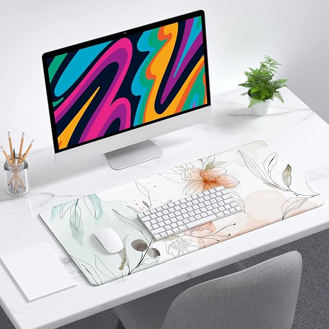 Desk Mat, 32" x 12" XXL Extended Large Gaming Mouse Pad, Desktop Decor Desk Pad, Cute Men Women Office Supplies and Accessories, XL Mouse Mat for Laptop & Keyboard, Watercolor Flowers