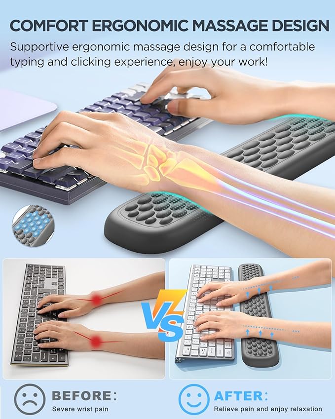 Lekvey Ergonomic Keyboard Wrist Rest - Memory Foam with Massage Points & Waterproof PU Leather Wrist Pad, Carpal Tunnel Support for Office Computer/Gaming, Typing Pain Relief, Easy-Clean（Gray）