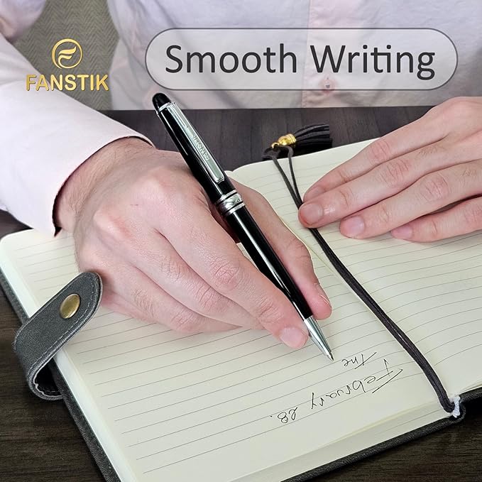 Customized BallPoint pen with name (MADE IN USA), stainless steel, black and silver, luxury engraved pen personalized for men and for women. (BallPoint Black-Silver)