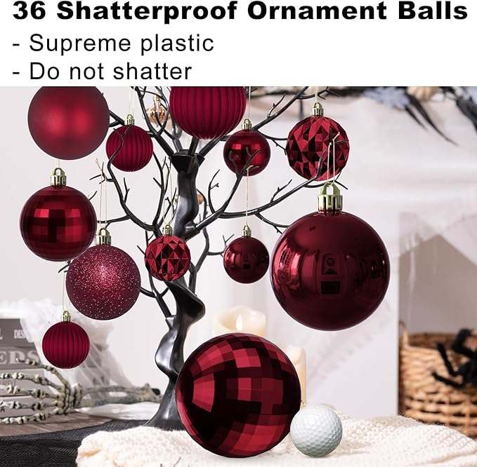 Maroon Christmas Ornaments - Christmas Tree Decorations Shatterproof Hanging Balls for Birthday Wedding Holiday Decor Set of 36pcs, Multi-Sizes(1.6",2.5",3.2")