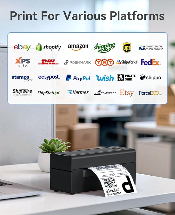 Bluetooth Thermal Label Printer, Wireless 4x6 Shipping Label Printer for Small Business, High-Speed Thermal Printer Compatible with Android, iOS & Windows for Amazon, Ebay, Shopify, USPS