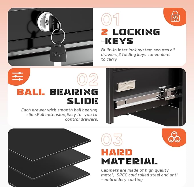 INTERGREAT Lateral File Cabinet with Lock, 3 Drawer Lateral Filing Cabinet for Legal/Letter A4 Size, Metal Steel Locking Black Wide File Cabinets for Home Office