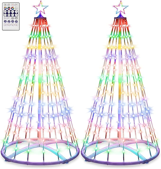 2 Pack 9FT Christmas LED Cone Tree Lights 24 Modes Color Changing with Timer Foldable Lighted Trees Waterproof Outdoor String Lights Holiday Decor for Christmas New Year Xmas Decorations
