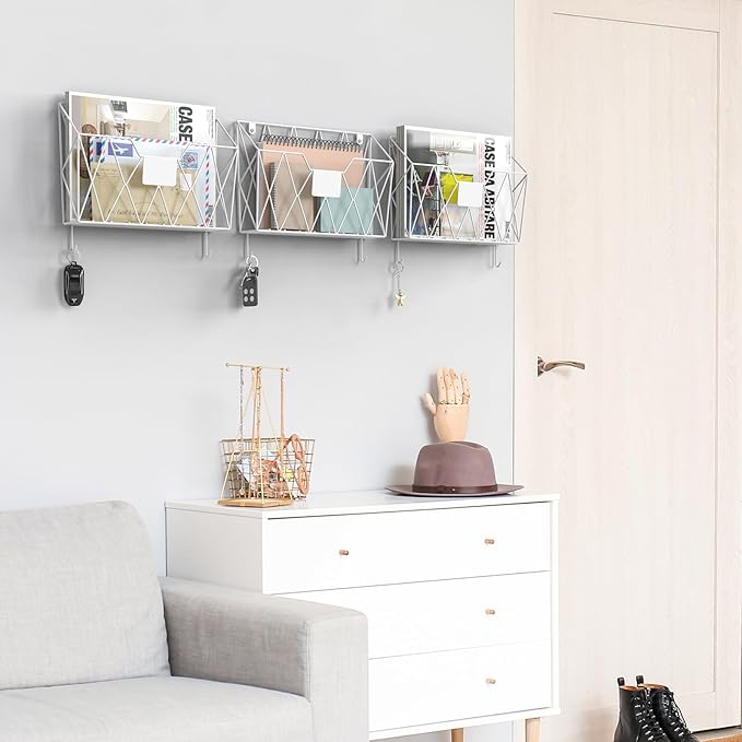 YBING Wall File Organizer White 6 Pack Mesh Hanging File Holder Organizer Metal Wire Mail Organizer Wall Mounted Office Papers Holder Hanging File Folders With Hooks