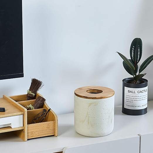 Natural Travertine Textures Beige Mini Trash Can with Bamboo Lid,Small Countertop Trash Can for Bathroom, Kitchen, Vanity, Desk Trash Can,Table Top Mini Garbage Can for Dining Room, Tiny Waste Basket