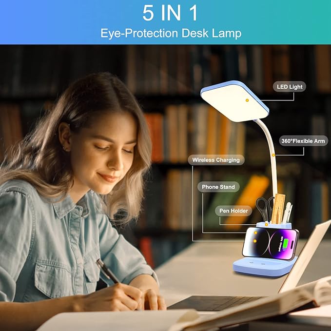 Sailstar Small Desk Lamp, Blue Desk Lamp with Pen Holder, Wireless Charger LED Desk Lamps for Home Office, 800LM Flexible Arm 3 Modes Dimmable Touch Cute Desk Lamps, Study Lamps for College Dorm Room