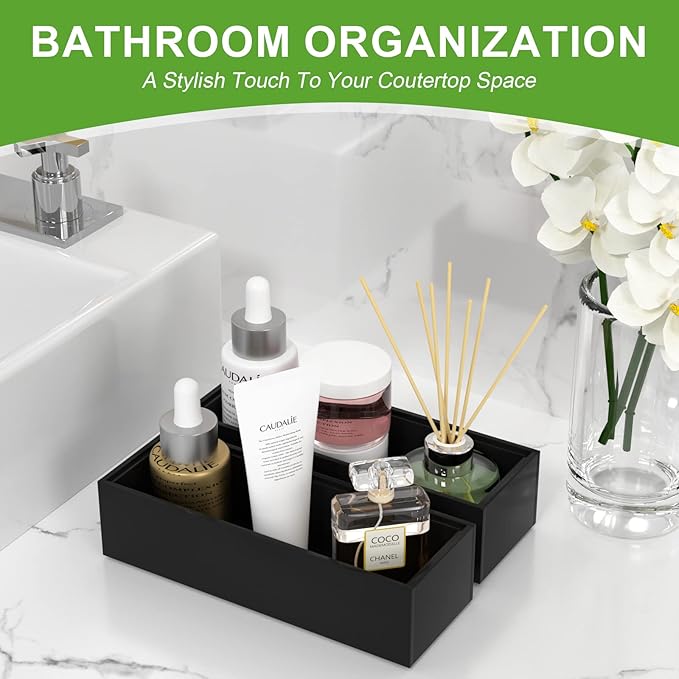 Premium Bamboo Kitchen Drawer Organizer - Set of 2, Stackable Utensils Holder, Storage Box Tray for Kitchen Drawers, Cabinet, Utensil, Silverware, Spatula, Flatware or Makeup, Vanity, Bathroom(Black)