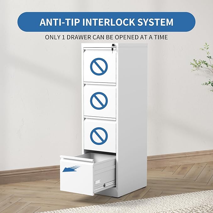 4 Drawer File Cabinet with Lock,Metal Vertical Filing Cabinets for Home Office,Heavy Duty File Storage Cabinet for Letter/Legal/A4/F4 Size File,Assembly Require (White, Vertical 4 Drawer)