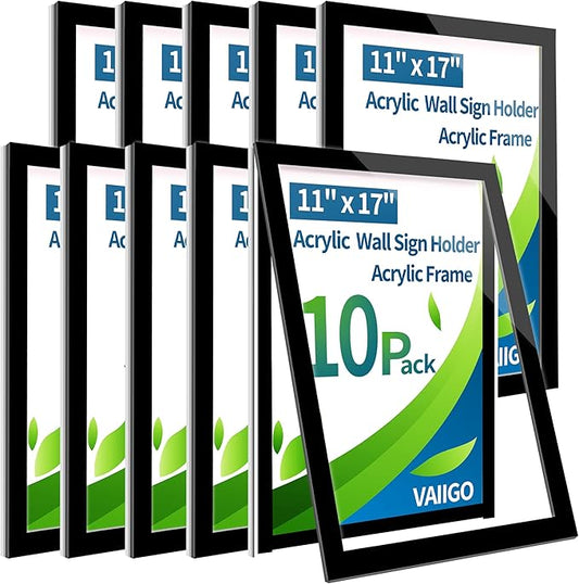 Acrylic Magnetic Sign Holder Wall Mount, Self Adhesive Magnetic Display Frame with Nano Tape and Strong Magnetic Border for Wall, Door, Glass, Home, Store, Office (Black, 11" x 17" / 10 Pack)