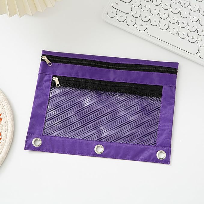 Pencil Pouch for 3 Ring Binder - 3 Hole Zipper Pen Case Bag Holder Bulk Accessories Clear Window Aesthetic Organizer Pockets (Purple, 1)