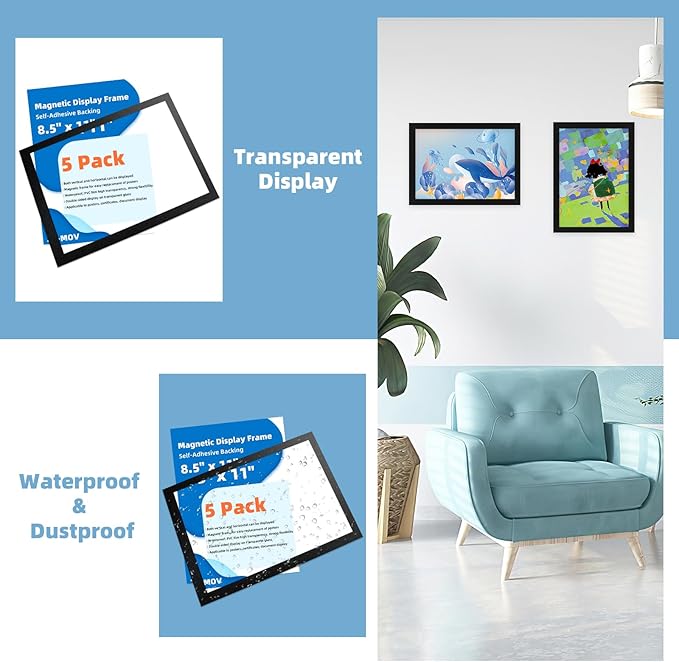 Magnetic Sign Holder 8.5 x 11-5Pcs Magnetic Frames for Refrigerator Double Sided Reusable Adhesive Frames for Walls Door Window Picture Photo Document Paper Poster Magnetic Display Frame