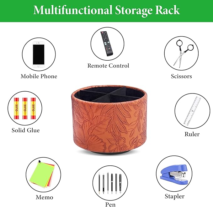 Hennaja Round Leather Art Supply Organizer,Remote Control Holder,360 Degree Spinning,Multi-Functional Pencil Holder,4 Compartments Desktop Stationary Organizer(1-Carved Brown)