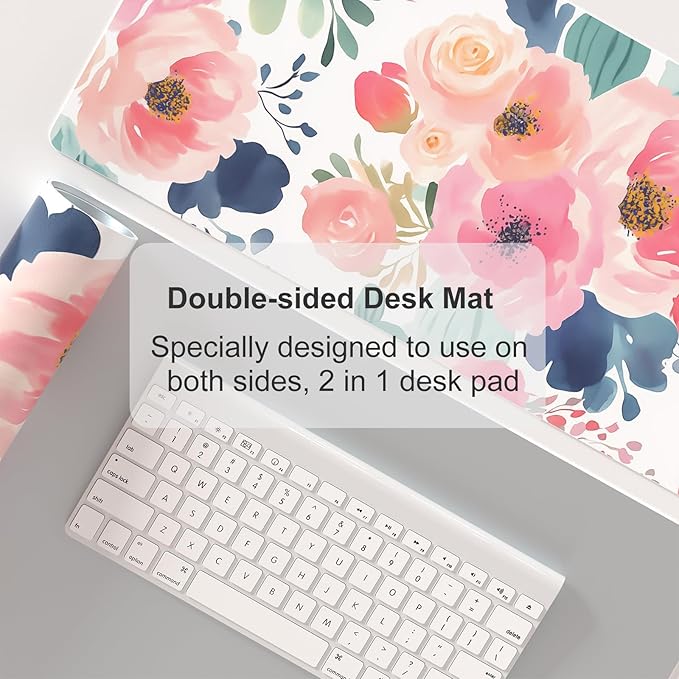 Colorful Star Large Mouse Pad, Pink Floral Desk Mat for Desktop, Women Girls PU Leather Waterproof Gaming Mousepad, Computer PC Laptop Protector Flowers Desk Pads for School Office Home 31.5" x 11.8"