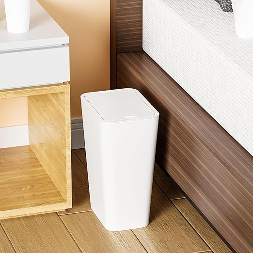 Yieach 12L White Slim Bathroom Trash Can with Lid,3.17 Gallon Pet/Dog Proof Kitchen Trash Can,Rectangle Thin Garbage Can,Covered Waste Basket,Narrow Small Plastic Trashcan for Room,Bedroom,Office,2PCS
