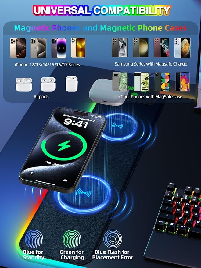 Mouse Pad with 15W Magnetic Wireless Charging 31.5x15.75 Inch, RGB Mousepad for Desk Mat, XXL Desk Pad with 11 Colors & 5 Modes, Home Office Large Keyboard Pad Waterproof Non-Slip for Gaming PC Setup