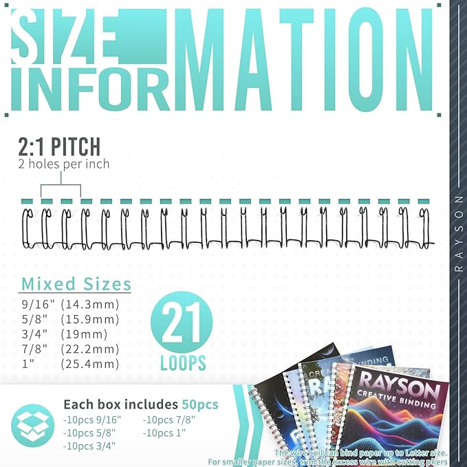 Rayson Double Loop Binding Wires, Mixed Sizes (9/16", 5/8", 3/4", 7/8", 1") 2:1 Pitch Wire Binding Spines, 21-Loop Black, Pack of 50