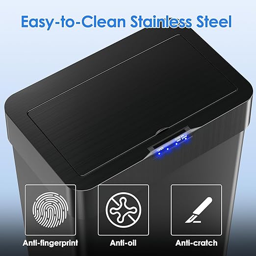 AthLike Sensor Trash Can, Touchless Motion Sensor Trash Bin, Smart Automatic Garbage Can with Soft-Close Lid, Bag Retainer Ring and Display Light,for Kitchen,Living Room Office (Black, 18.5 Gal)