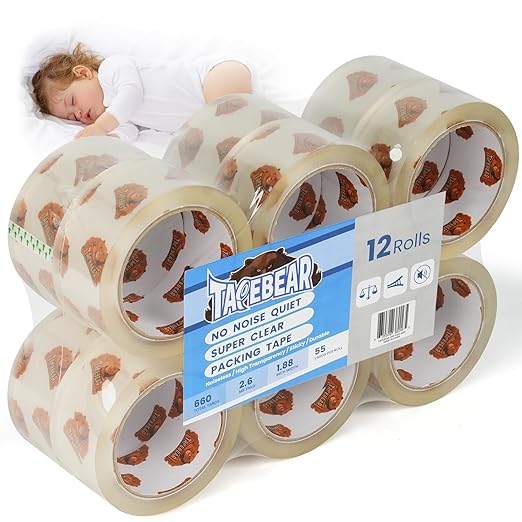 TAPEBEAR No Noise Packing Tape, Upgraded High Transparency 2.6mil x 1.88" x 55 Yards Quiet Packaging Tape Refill Rolls, Heavy Duty Shipping Tape for Sealing, Storage, Moving, 12 Rolls, Total 660Yards