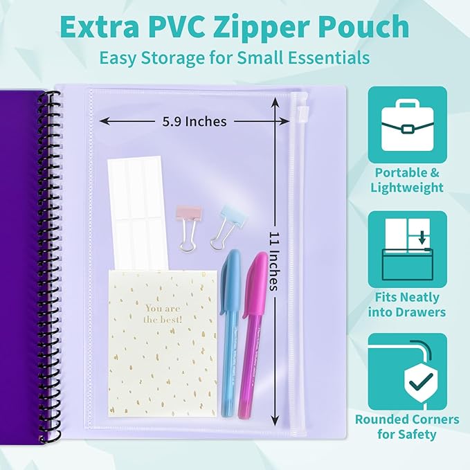 Binditek 12-Pocket Poly Project Organizer, Heavy-Duty Poly Cover, Clear Front Pocket, 6-Color Dividers with 1/3-Cut Tabs, Fixed Zipper Pouch, Letter-Size, Blue